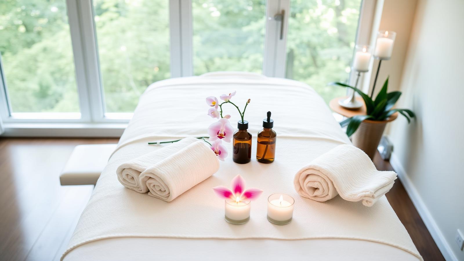 Massage opstelling met handdoeken en oliën